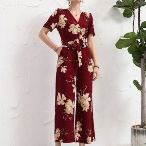 Surplice Front Floral Belted Jumpsuit SKU: swjumpsui25210524655